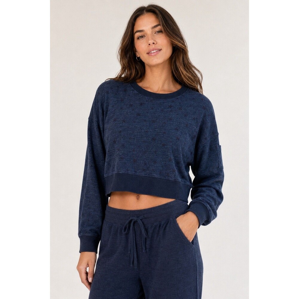 Splendid XL Navy Star Print Cropped Sweatshirt Pullover Long Sleeve USA Made